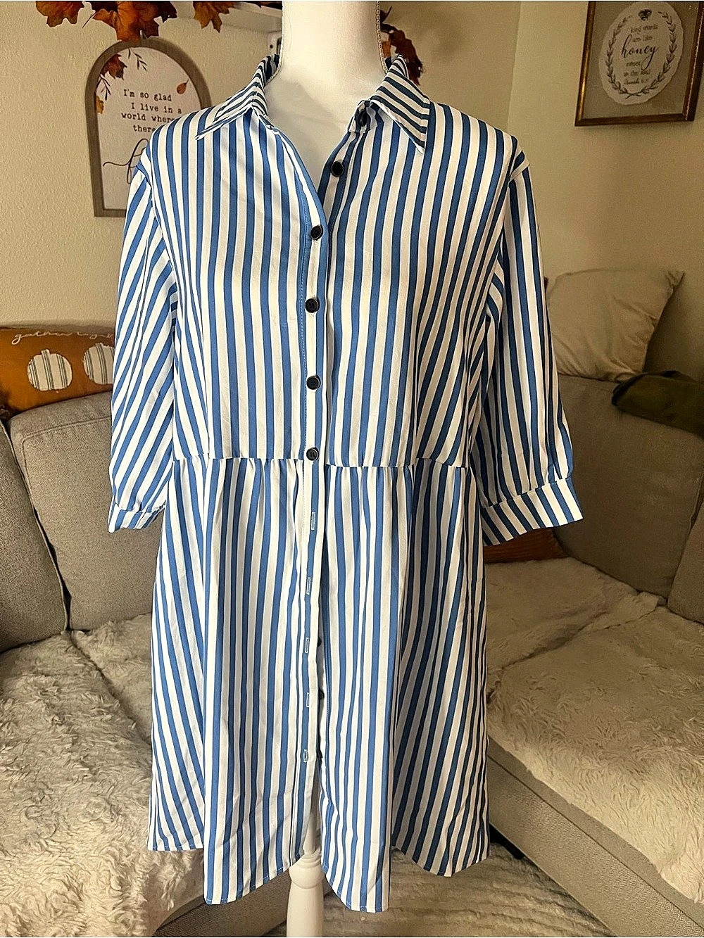 Striped Mini Shirt Dress in Blue & White Size Large